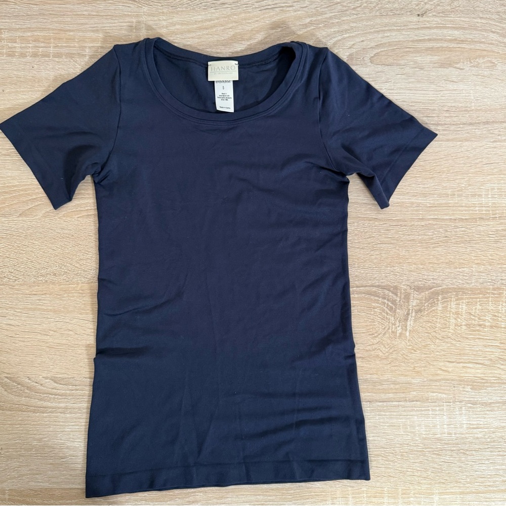 Hanro Of Switzerland Short Sleeve Top Navy Blue Women’s Sz S Stretch Fabric